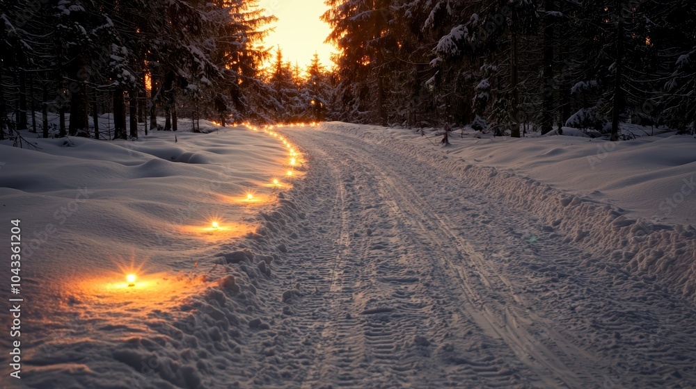 Poster a tranquil winter evening snow-covered path illuminated by candlelight in a serene forest setting