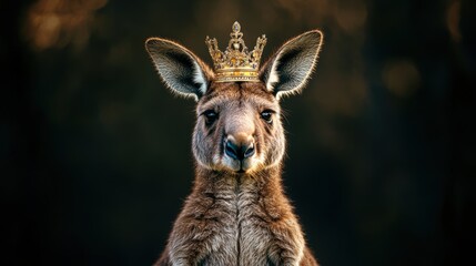 Fototapeta premium Portrait of a kangaroo wearing a crown, velvet studio backdrop, luxurious, soft lighting, professional photography, copy space, wildlife, agile, royalty, outback.