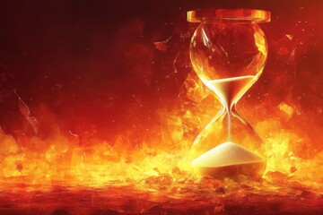 Clock Ticking Urgently. Hourglass burning with flames and hot fire background, concept of time running out, urgency, deadline, apocalypse, business pressure, motivation, and dramatic red-orange color