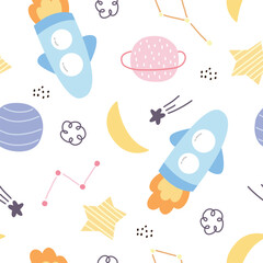Space background with rockets and stars nursery seamless vector pattern in cartoon style
