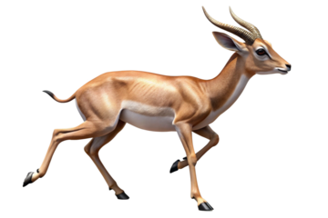 A graceful gazelle poised in a running stance, showcasing its long legs and delicate features, isolated on white.
