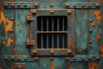 Old Iron Gate. Rusty metal jail cell door with barred window, vintage prison gate close-up for historical, horror, escape room, or industrial design themes with blue-green patina and orange rust text