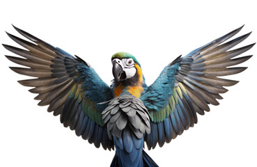 Fototapeta premium A vibrant macaw perched with its wings slightly open, showcasing its colorful feathers against a plain white backdrop. 
