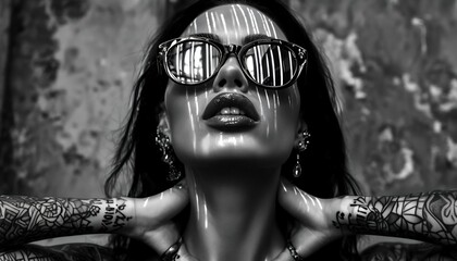 Black And White Portrait Of A Woman With Bold Features And A Futuristic, Edgy Style