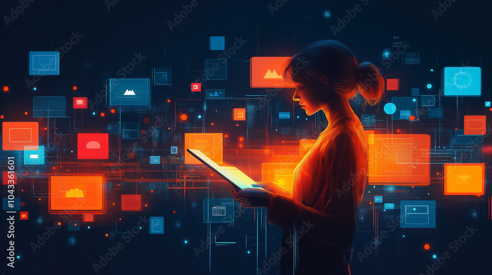 Poster a figure engages with devices, surrounded by vibrant data streams and digital icons illustrating con