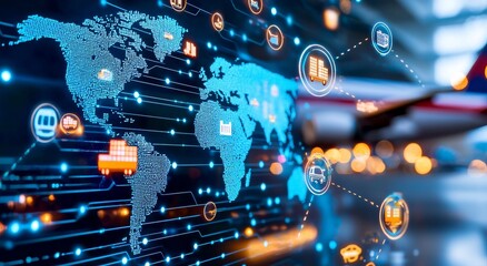 Obraz premium Digital map of the global logistics network featuring icons for various transportation modes, illuminated by a glow of innovation and technology