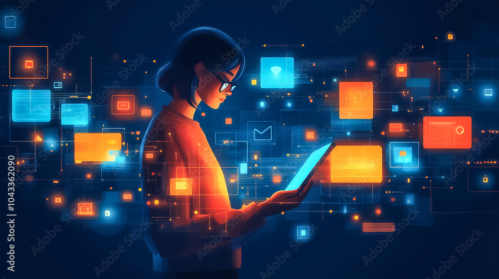 Poster a person interacts with devices, surrounded by colorful symbols representing data exchange and digit