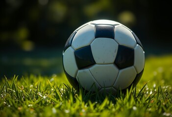 Fototapeta premium Soccer Ball on Green Grass Sports Equipment Football Game Soccer Field Close Up