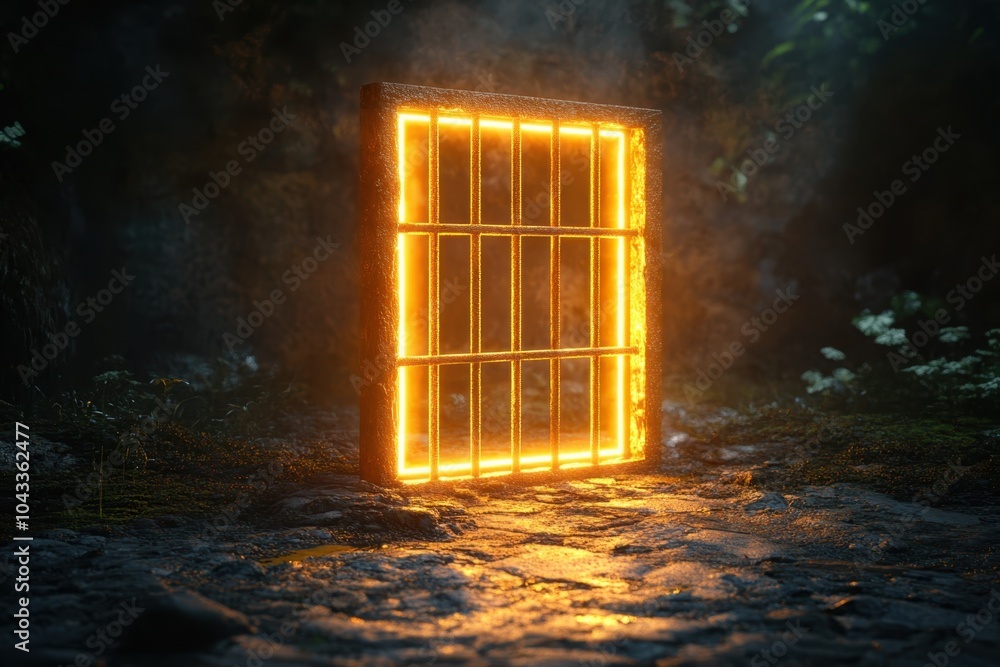 Poster a glowing, barred window floating in a void, casting light and shadow in all directions, symbolizing
