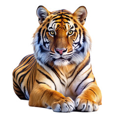 Obraz premium A Bengal tiger lying down with a captivating gaze, showcasing its stripes and muscular build against a stark white background. 