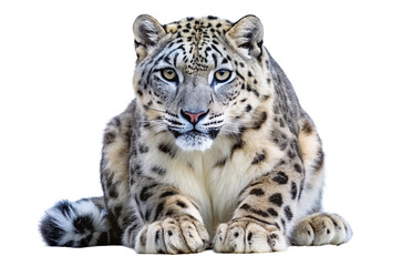 Fototapeta premium A snow leopard crouching, with its stunning coat and piercing eyes, set against a simple white backdrop. 