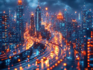 Fototapeta premium futuristic illustration of smart cities interconnected, showcasing vehicles, buildings, and individuals seamlessly communicating, symbolizing the innovation of modern urban living and connectivity