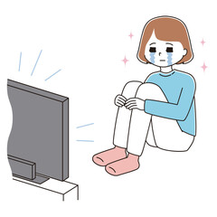 三角座りで真剣にテレビを観て感動の涙を流す女性のイラスト	
