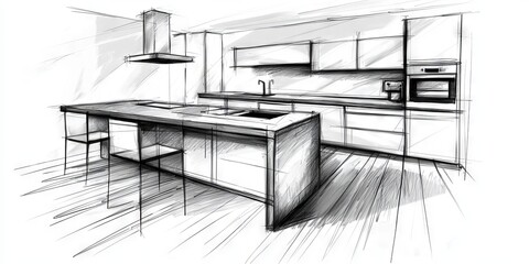 Hand-Drawn Pencil Sketch of Elegant Kitchen Interior Design