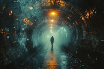 Urban Night Walking. Mysterious silhouette person walking inside illuminated tunnel at night with wet reflective floor for thriller movie, adventure, Halloween, or urban exploration scenes, dark mood