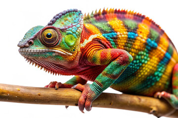 A colorful chameleon perched on a branch, displaying its vivid scales and curious expression against a clean white backdrop.

