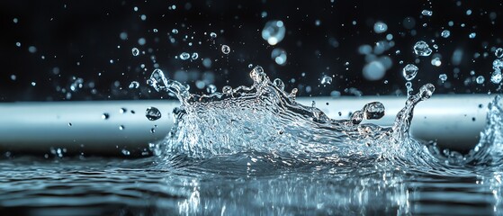 Dynamic water splash near a pipe, highlighting the urgency of plumbing repairs, clear details of droplets and turbulent motion