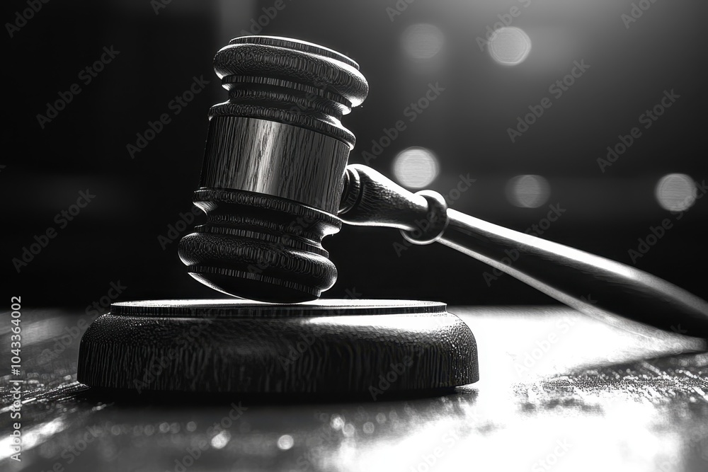 Poster a stark, monochromatic image of a gavel descending, with sharp, angular lines, symbolizing the final