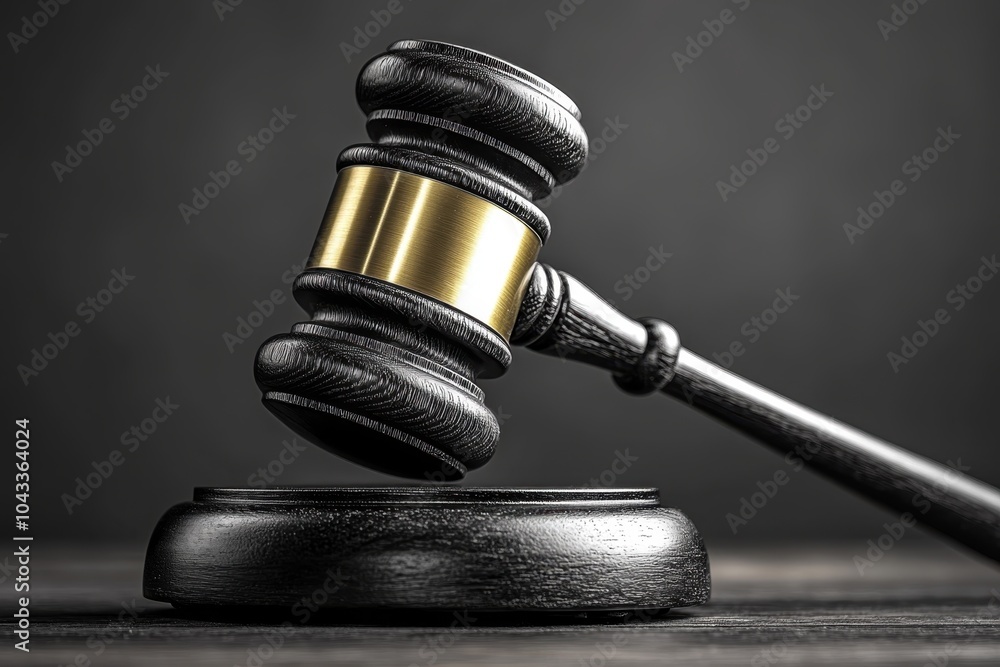 Poster a stark, monochromatic image of a gavel descending, with sharp, angular lines, symbolizing the final