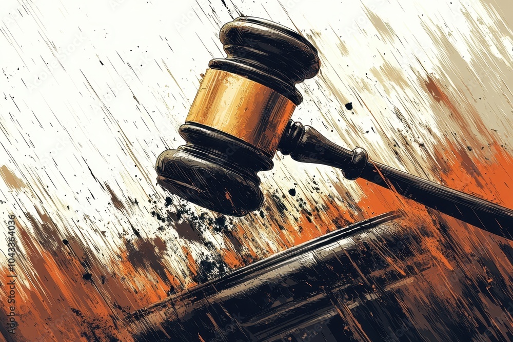 Poster a stark, monochromatic image of a gavel descending, with sharp, angular lines, symbolizing the final