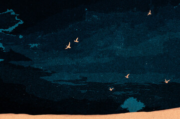 Ilustracja grafika krajobraz gęsi przelatujące nocą nad polami tekstura barwy. Hand made drawing. © Monika