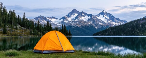 Backpacker assembling camping gear by a mountain lake, reflection of peaks on the water, backpacker  camping  gear