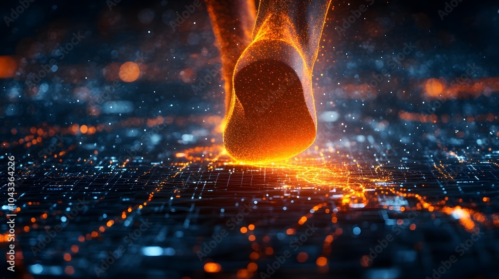 Poster a glowing, fiery object descends towards a digital landscape, creating a mesmerizing effect with spa