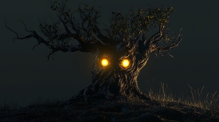 Fototapeta premium Gnarled Old Tree with Glowing Eyes at Night