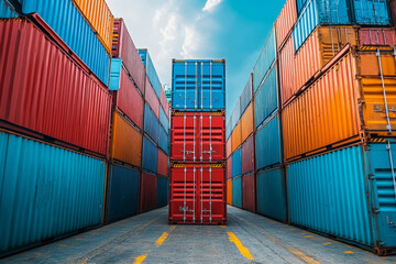 Fototapeta premium Industrial cargo containers are stacked high at a busy port terminal