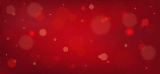 Horizontal red background with blurred bokeh lights. Christmas and New Year holiday template. Vector illustration
