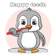 Cartoon vector character Penguin brushing teeth with toothbrush