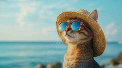 Obraz premium Portrait of a cute cat wearing sunglasses and a straw hat on the beach, with a blue sea in the background