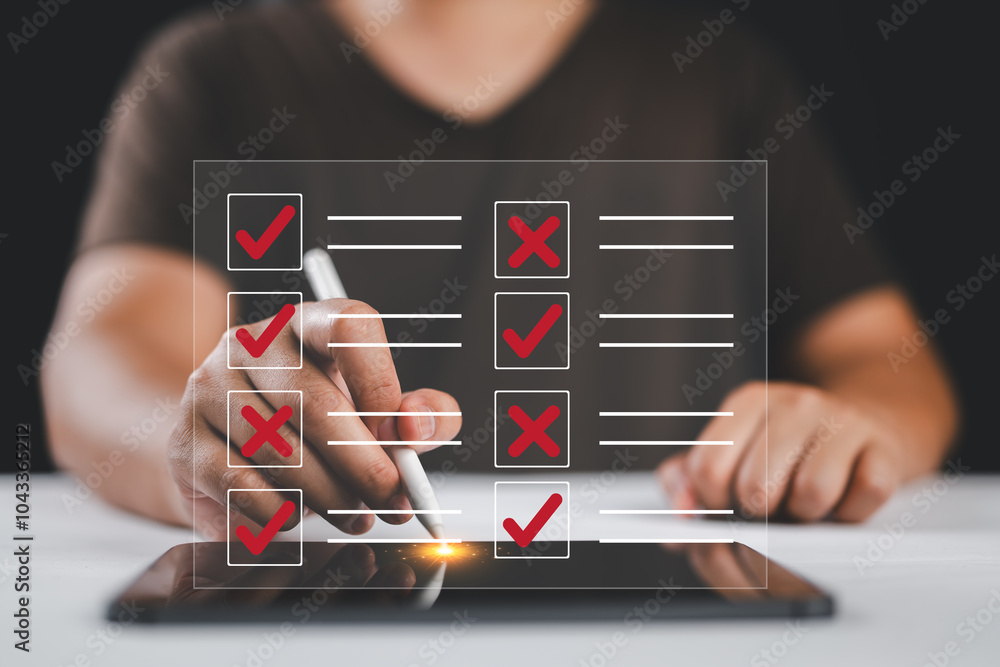 Poster businessman showing virtual icons, assessment checkboxes ,data analysis process ,pre-approval qualit