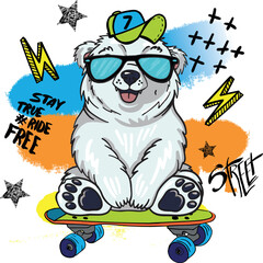 bear on skateboard. Typography print for kids  . Original design . print for T-shirts, textiles, wrapping paper, web. 