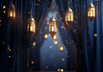 Obraz premium 3D Ultra-Realistic Epic Background of the Ramadan Islamic Festival Featuring Hanging Lanterns, Golden Lights, and Navy Blue Curtains, Perfect for Celebrating the Spirit of the Season