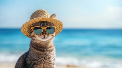 Portrait of a cute cat wearing sunglasses and a straw hat on the beach, with a blue sea in the background
