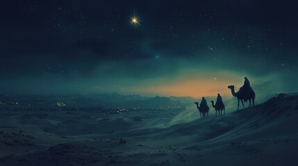 Christmas Jesus birth concept - Adoration of the Magi, Three Wise Men, Three Kings, and the Three biblical Magi with camel silhouettes journeying in sand dunes of desert follow Bethlehem star at night