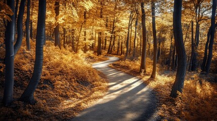 Obraz premium A picturesque pathway winding through a forest filled with golden foliage, with sunlight filtering through the trees, casting soft shadows on the ground. 