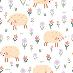 Hand-drawn repeating pattern featuring fluffy sheep and spring flowers, ideal for nursery decor and textile design © TEe Du
