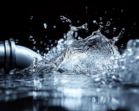 Water splashing dramatically near a broken pipe, representing the urgency of plumbing emergencies, intense action and detail