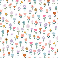 Seamless pattern flowers on white background Hand drawn design in cartoon style Used for textiles, fashion prints, wallpapers, vector illustrations