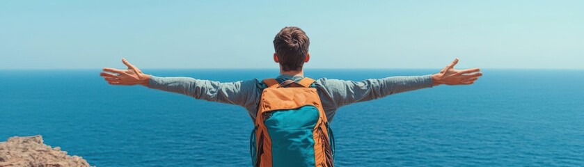 Fototapeta premium Backpacker looking into the horizon with arms spread wide, capturing the essence of freedom, backpacker exploration freedom