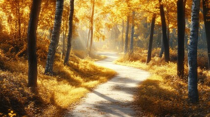 A picturesque pathway winding through a forest filled with golden foliage, with sunlight filtering through the trees, casting soft shadows on the ground. 