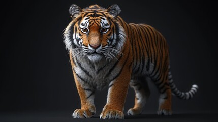Obraz premium Studio lighting illuminates the muscular frame of a majestic tiger, whose intense gaze captures the viewer's attention.