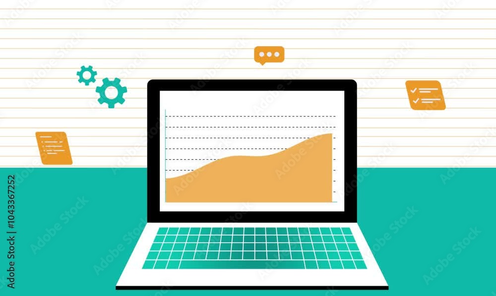 Poster modern laptop with graph grow chart business concept. 2d animation on a gray background.