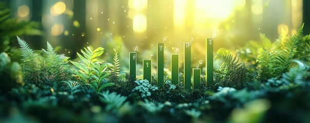 Conceptual visualization of green investment with bar graphs integrated into flourishing greenery, symbolizing ecoconscious financial growth