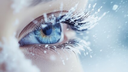 Close-up of Eye with Snowflakes on Eyelashes, Symbolizing Winter and Cold Weather