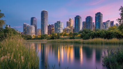 Fototapeta premium An artistic shot of a modern city skyline during twilight, highlighting the contrast between nature and urban architecture.