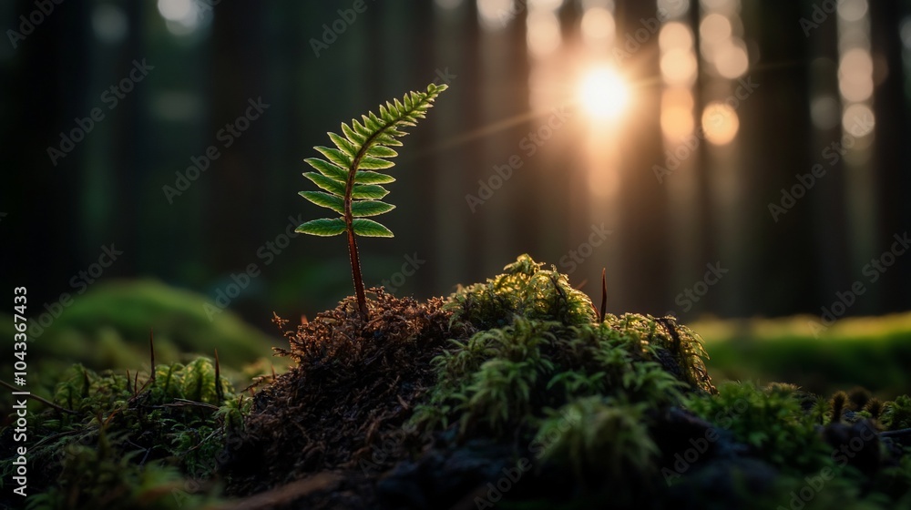 Poster a single fern frond growing in a patch of moss with sunlight shining through the trees in the backgr