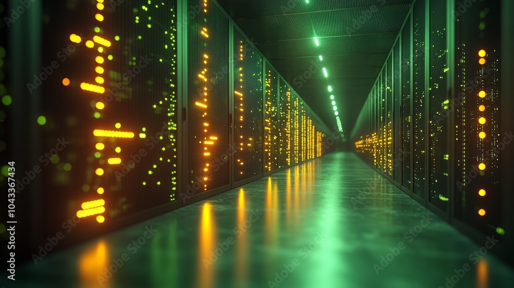 Poster data center corridor with dynamic lighting effects.
